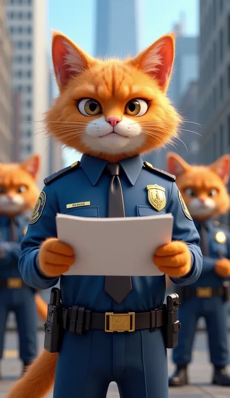 This image features an orange furry anthropomorphic cat dressed in a full police uniform,dark blue pants with tie and badge, holding and reading a document with a serious expression. Behind him, there are several other police cats in similar uniforms, stan...