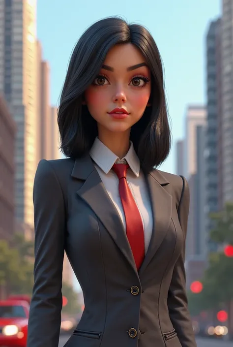 Sally from the movie Disney Cars human version with black hair and a suit