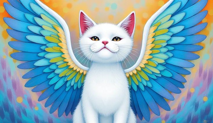 A whimsical depiction of a white cat with large, colorful angel wings, showcasing vibrant hues from blue to white and cool blues. The background is filled with abstract, multicolored shapes, creating a dreamy atmosphere. The art style combines elements of ...