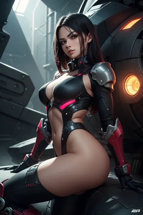 40-year-old woman, originally from Eastern Europe: Medium height, straight black hair in layers, deep gray eyes, light complexion and mole under the right eye. Personality: Somber, seductive and authoritarian. Depict a futuristic servo-armor in mecha style...