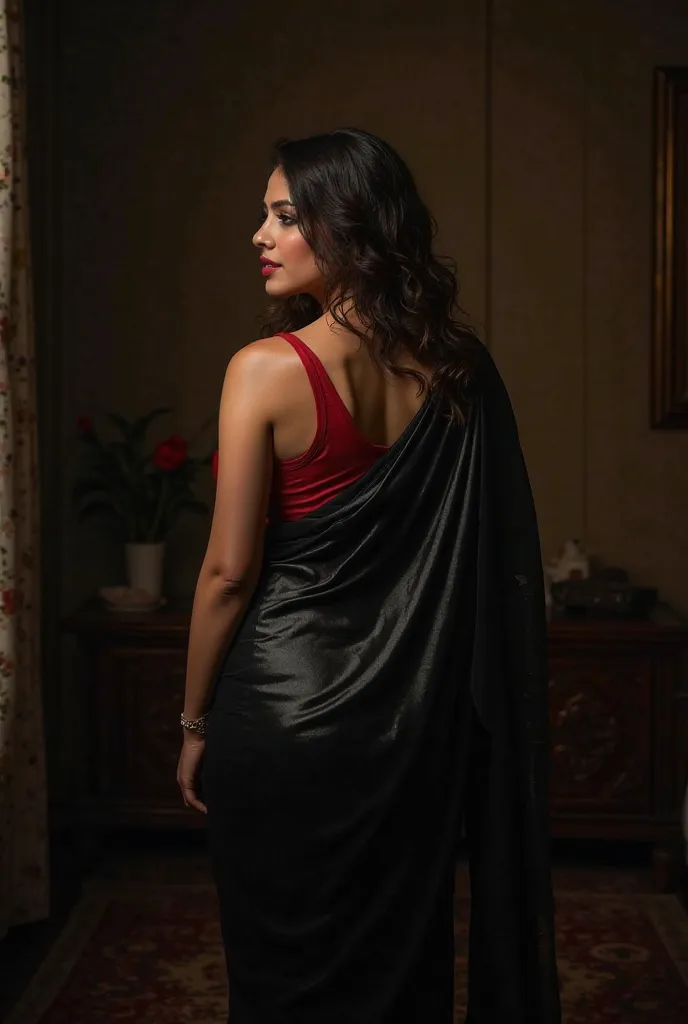 Full realistic image of photo of sexy women , curvy, figure,, wearing wet satin black saree,and red blouse in bedroom from back