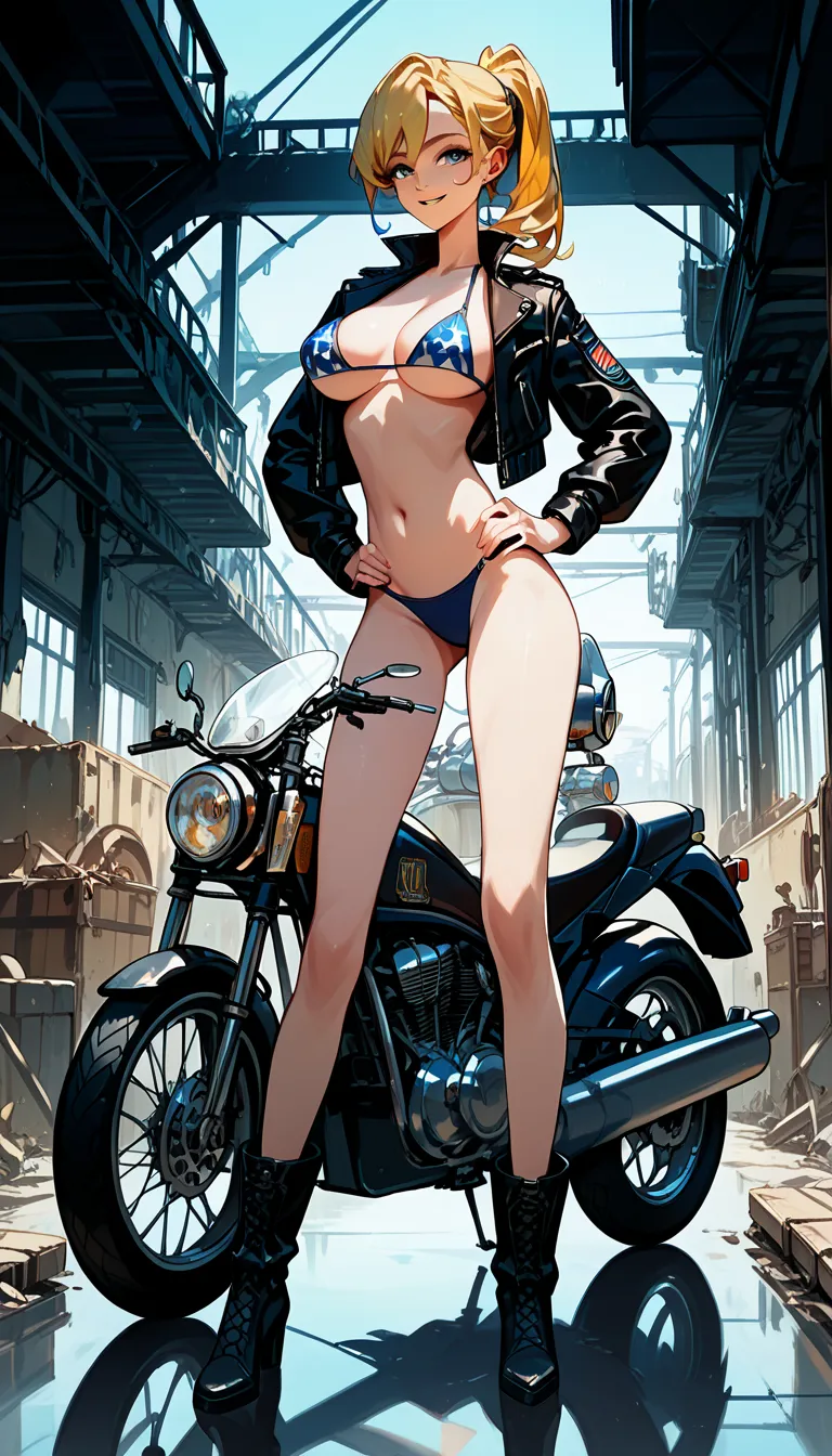 Masterpiece, best quality, Masterpiece, best quality, 1 woman , blue eyes , yellow ponytail , black leather jacket , sly face , smile , bikini , abdomen, big breasts , Long legs , boots , hands on hips , motorcycle , abandoned factory , at night