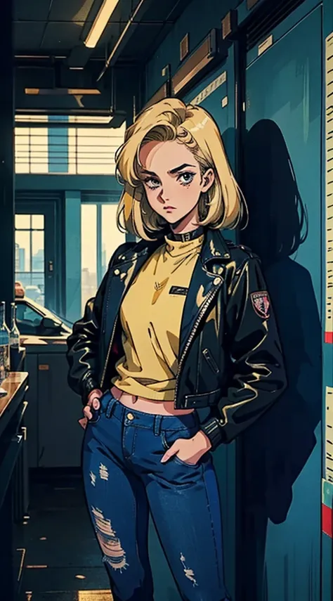 Beautiful woman with disheveled blonde hair , oval face, kind face,  slender eyes with a cunning expression ,  She mostly wears a form-fitting leather jacket in black with yellow accents 。,  wearing a worn brown jacket with a fur collar ,  her lower body i...