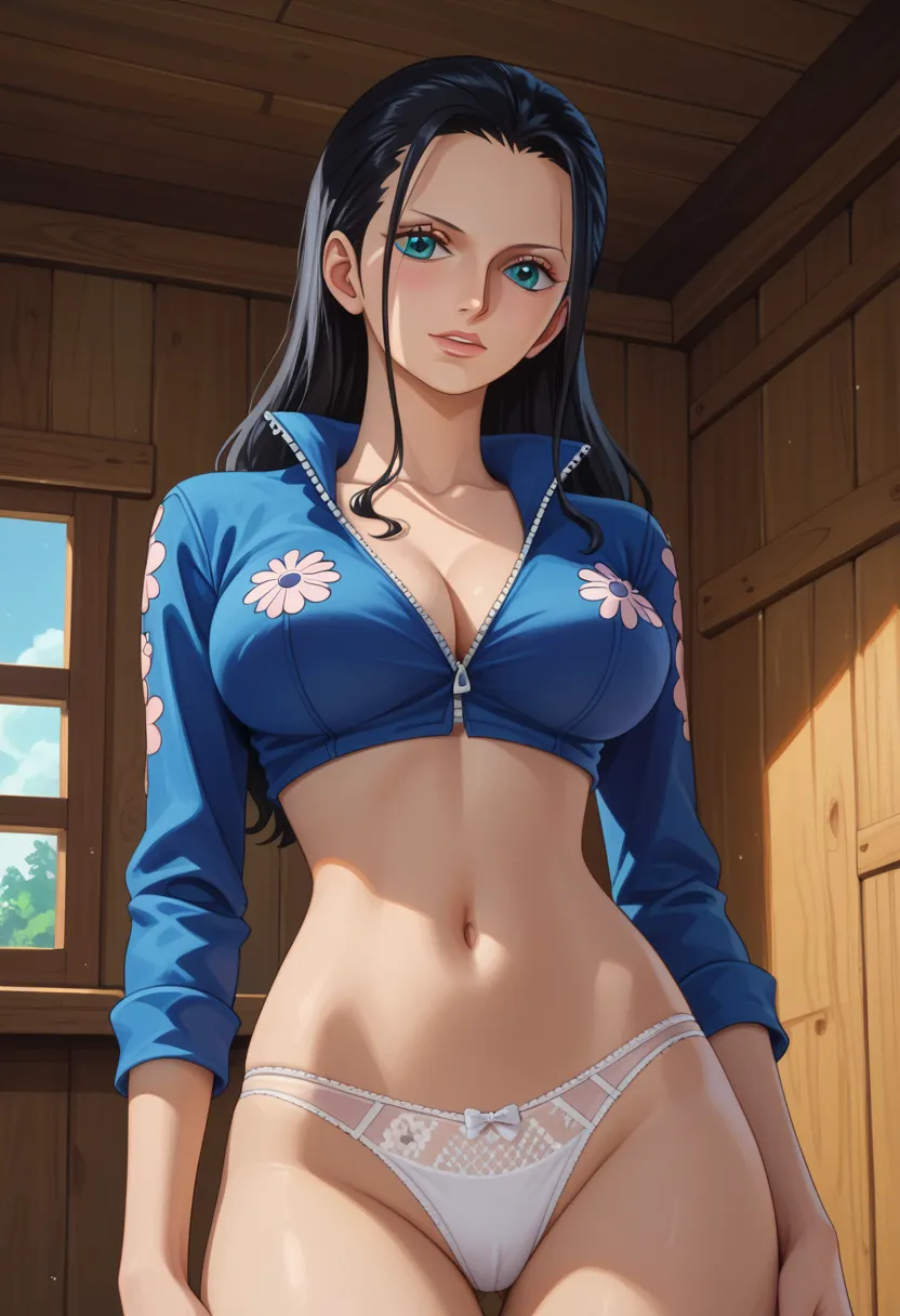 Masterpiece, 8k quality, extremely detailed, Nico robin, one piece, , cabin bedroom background, big breasts, long sleeve crop top, panties