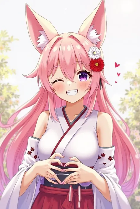 1girl, solo, long hair, breasts, looking at viewer, blush, smile, bangs, hair ornament, animal ears, hair between eyes, bare shoulders, jewelry, purple eyes, upper body, pink hair, flower, heart, earrings, parted lips, detached sleeves, one eye closed, jap...