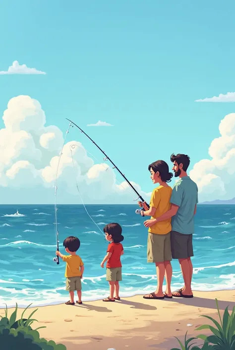 a family go fishing using black fishing rod in the sea