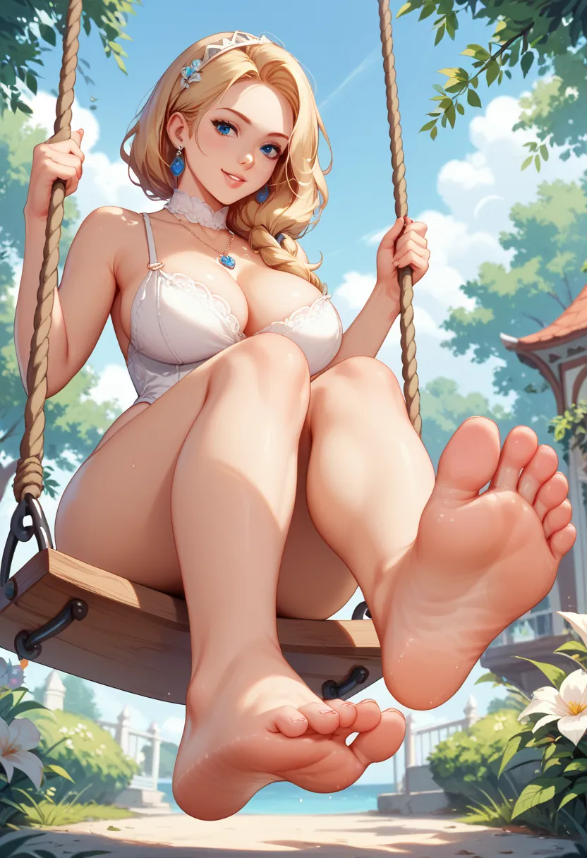 blonde linda , big breasts,thick thighs.sitting rocking on a swing in the square Foot Focus,Two sole,barefoot, masterpiece, Highest quality, Very detailed, Playing on the swing in the square she is in motion feet projected forward in close up beautiful sol...