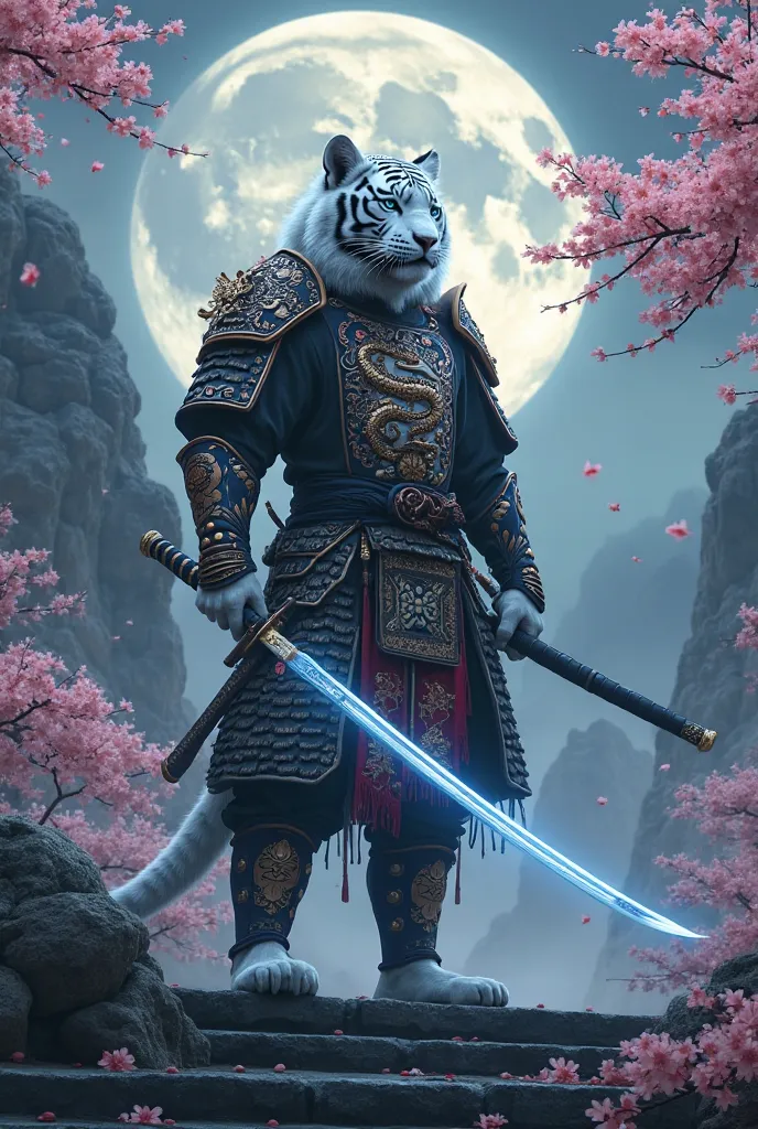 "A majestic humanoid white tiger warrior stands on the steps of a sacred Japanese temple, its samurai armor engraved with intricate dragon patterns. The warrior grips a legendary katana, its blade glowing with celestial energy. Cherry blossoms drift throug...