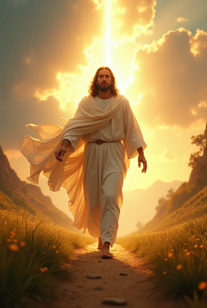 Video of jesus coming back to earth , taking a particular path 
