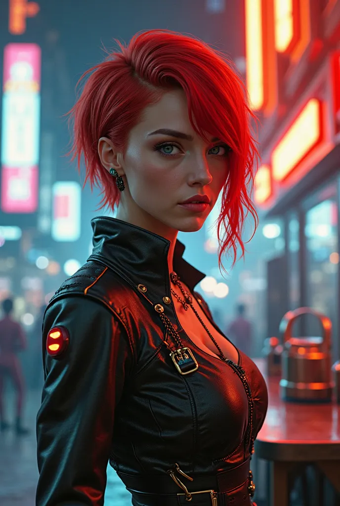 Red haired woman, cyberpunk ,waitress