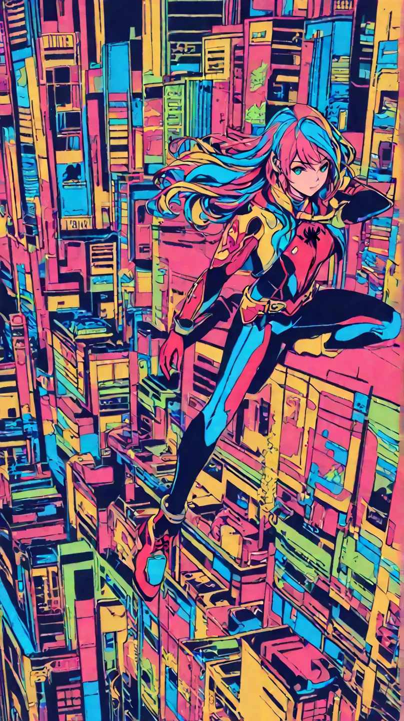 ( high quality, 8k, 4K,  high contrast,  masterpiece:1.2, 最 high quality,  Aesthetics at its best), ( Dynamic Angle ), ((  Female 1)), ((fantasy)), (( flat color)), ((  colorful art  )), Anime fan lady, Spider-Man, New York City skyline ,