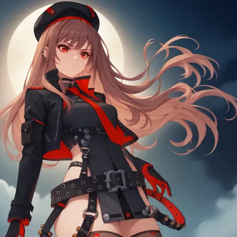 rapidef, high quality 、 masterpiece,red eyes, brown hair, long hair, bangs, beret , black jacket, cropped jacket, red necktie, gloves, black shirt, belt, thighhighs,