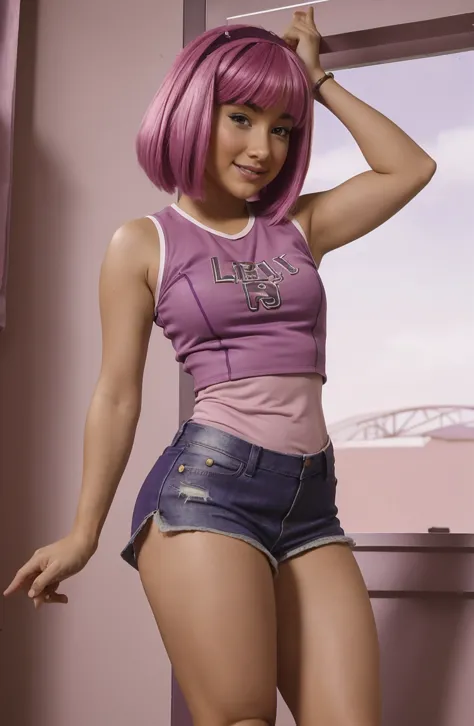 (((  chica))) ,( sexy chica),     Purple denim short skirt and lace tights, Stephanie from lazy town  Alta calidad ,Cabello de meñiquis,((lifting)), ( con una línea que no is recta, iscote profundo), Pechos grandis,  Alta calidad, (is),  behind 