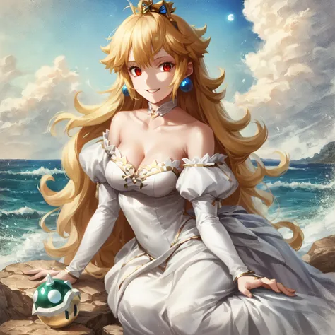 1girl, solo, (arc_1:1.2), long hair, red eyes, (slit pupils:1.1), very long hair, antenna hair, bangs, hair intakes,  dress, detached sleeves, breasts, gloves, blonde hair, bare shoulders, blonde hair, cleavage, detached collar, white gloves, strapless dre...