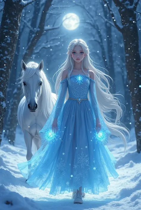 "Anime cinematic video of Yuki Snow Queen, a young girl with long silky white hair and silver glowing eyes, wearing a magical icy blue dress with delicate snowflake patterns. Yuki walks alone in a snowy enchanted forest at night, with the moonlight shining...