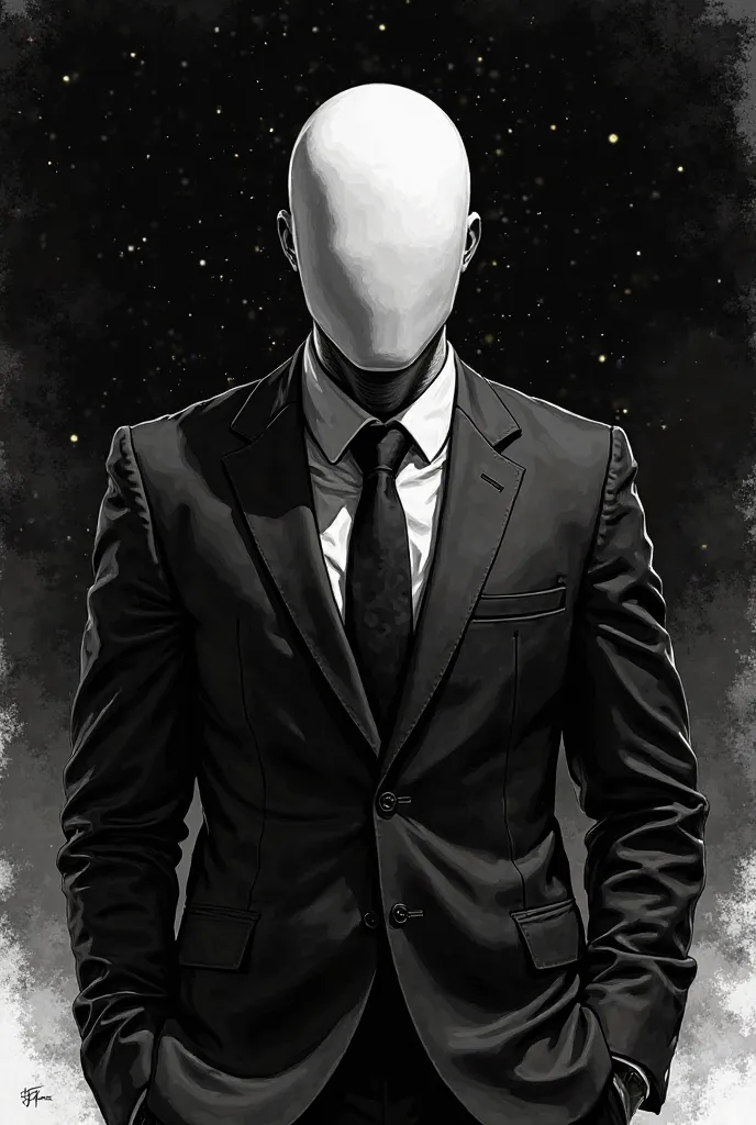  hand drawing style. black and white. Businessman with a white mask. It's in space 