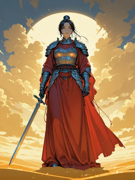 Chinese style, ancient battlefield, an ancient Chinese female general, holding a sword in her hand, grim expression, full body, amazing facial features, red robe, armor, boots, yellow sand in the sky, firelight, game model, stunning lighting, OC rendering,...