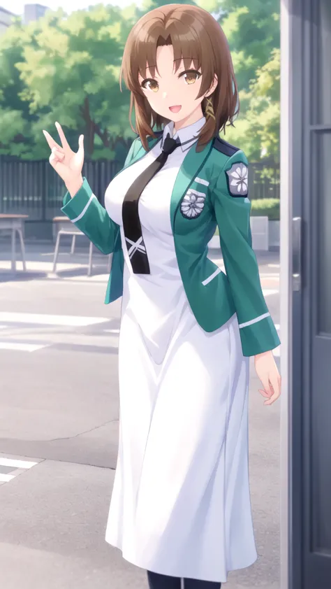 masterpiece, best quality, girl, solo, looking at viewer, tetsuhiko_kai, brown hair, brown eyes, large breasts, school uniform, magic_high_school_uniform,green jacket,white dress,black necktie, standing, smile, open mouth, outdoors