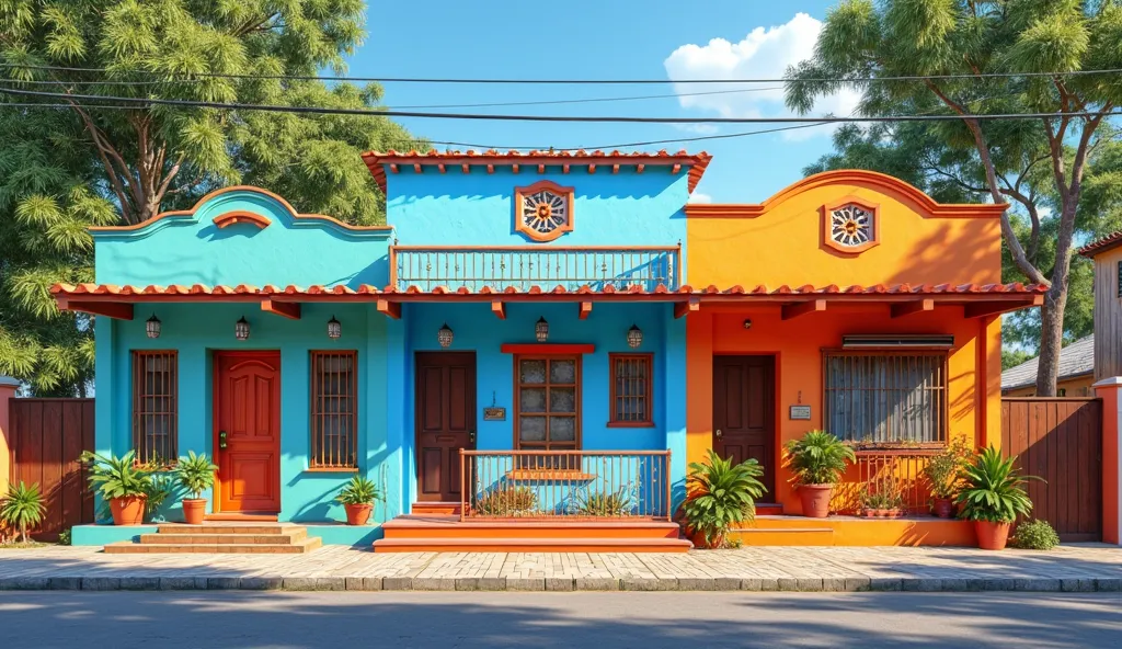 Facade of middle class houses in Venezuela with blue and orange colors 