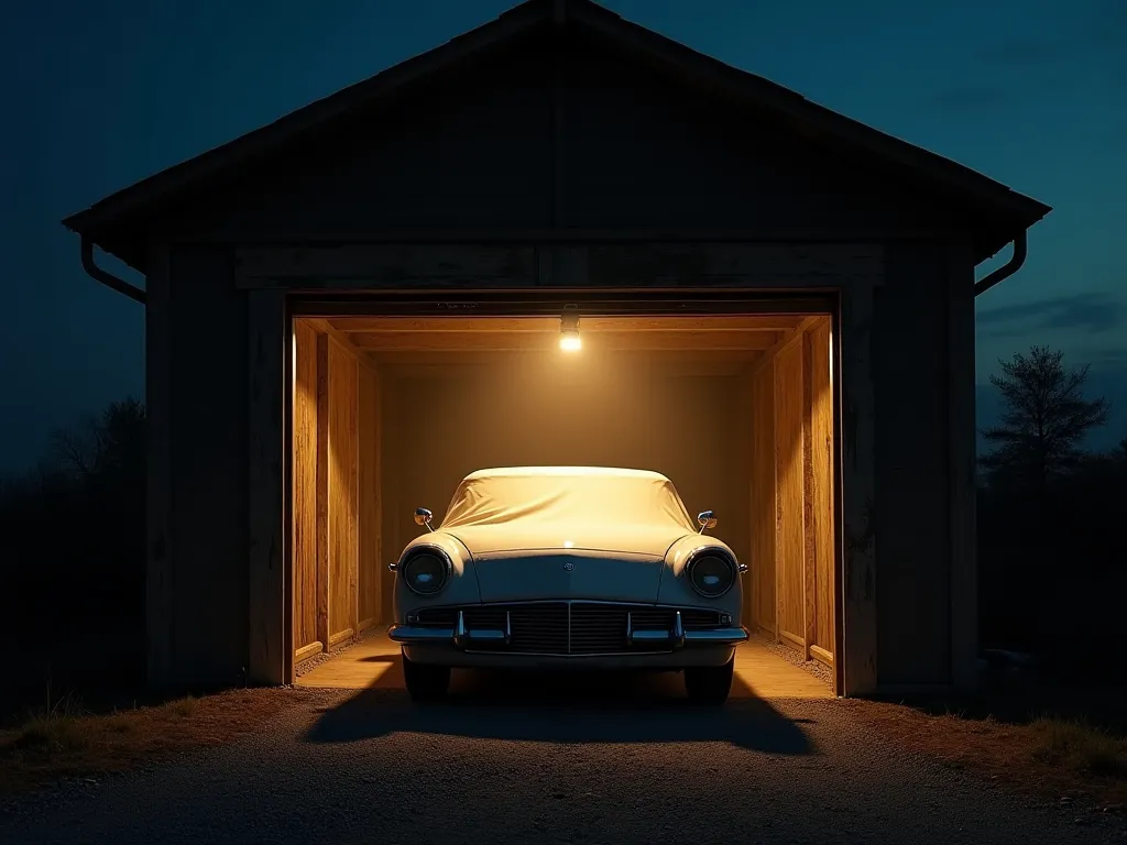 An ultra-realistic photograph of a classic car covered with a protective sheet, parked inside an open garage at night. The garage is illuminated by warm light, casting a soft glow on the vehicle. The setting is completely isolated, with no other buildings ...