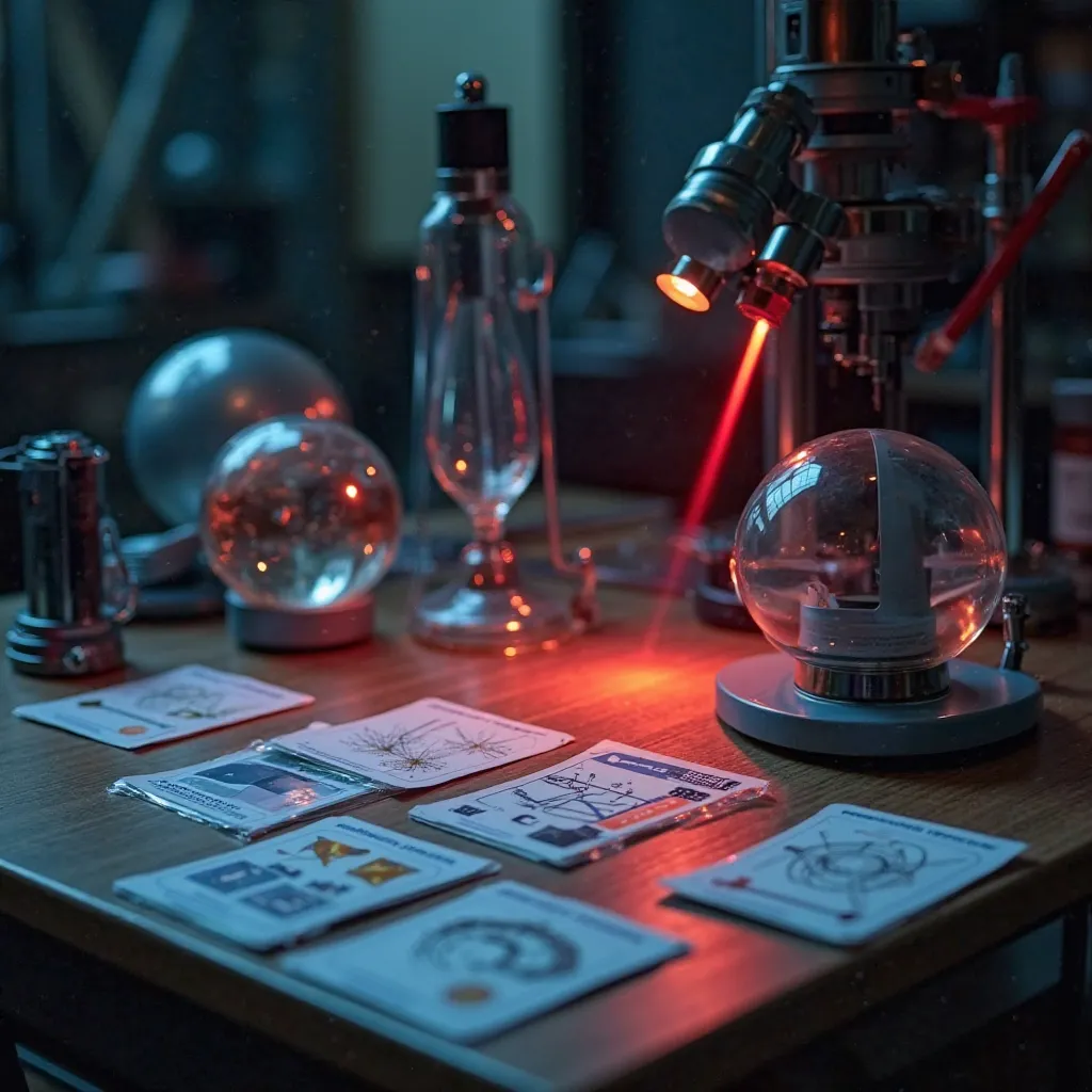 A laboratory table organized with classical optical equipment, like convex and concave lenses, prisms, flat and spherical mirrors, a spectroscope and a red laser emitting a beam of light. on the table, a set of educational cards illustrated with concepts o...