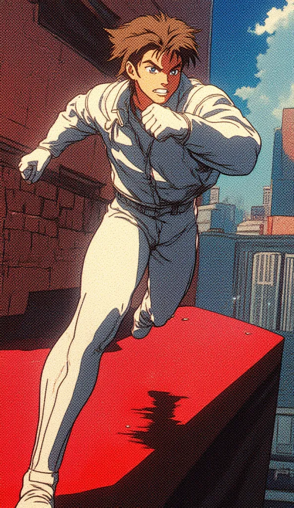 (side view) Handsome anime hero boy, white leather jumpsuit, brown hair, blue eyes, fists, mischievous smirk, running to the right, running across a red platform on the side of a brick wall