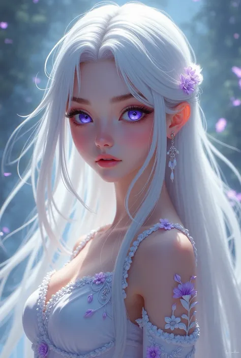 Final Fantasy girl with white hair and purple eyes with a cute innocent face