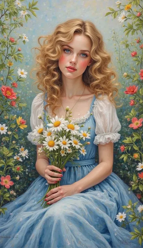  acrylic painting ,  depicting a pretty young woman BEAUTIFUL FACE BEAUTIFUL EYES with curly blond coconuts, sits,  Dressed in a beautiful , blue and white clothes, figure in spring garden, holding a bouquet in her hands, spring flowers 