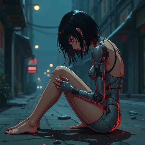 Create a highly detailed anime-style artwork of a female human in the early stages of a profound transformation into a biomechanical parasite being. The character is sitting in the gutter of a deserted city street, their body hunched over in pain as they c...