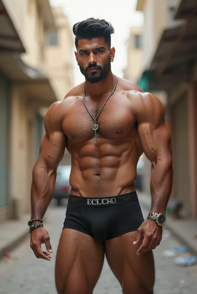  A highly muscular and fit six pack abs breast Indian man with , standing in an urban alley with a confident and intense gaze. He has a thin short boxed beard with a sharp, defined shape,style  enhancing his strong jawline. His hair is styled in a volumino...