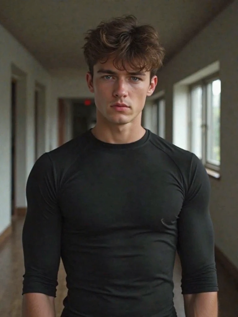 (photorealism:1.2) ultrarealism describes a young man dressed in black wearing a compression shirt with muscles not so exaggerated, brown hair,  with a serious and concentrated expression, in a realistic and detailed composition, hyper realistic 3d render,...