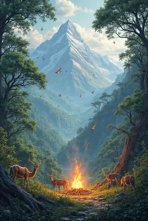 A beautiful forest that has all the Hilauli mountains and there is a fire in which the animals are roaming and the birds are flying in the air