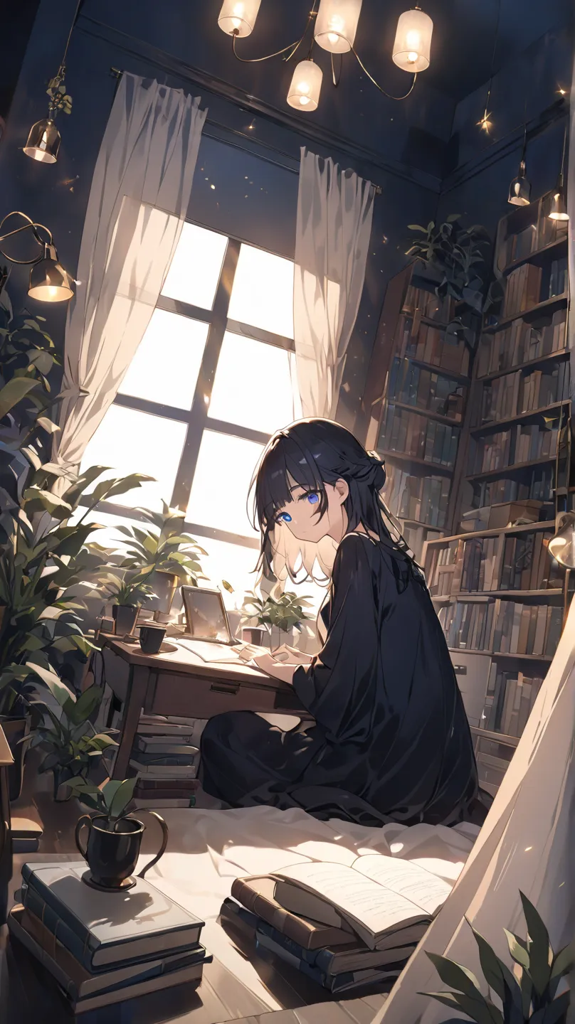 1 girl crouching,  moonlight 、room、Desk lamp、houseplants、curtains、 books、blue eyes,  black hair、from above、dutch angle, glitter effect, lens flare, 