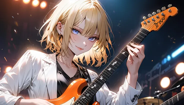 ((Masterpiece, best quality, highest quality, high resolution, photorealistic, raw photo, extremely detailed CG integrated 8k wallpaper)) Beautiful illustration
A young, fair-skinned male anime character is playing an electric guitar. He is positioned slig...