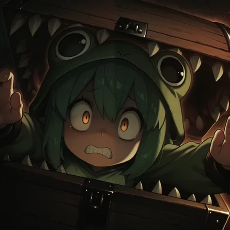 masterpiece, best quality, amazing quality, Anime Screencap. BREAK. 1girl,
original character,
frog costume, green hair, short hair,
restrained, hands outstretched, pleading,
mimic chest, teeth, wooden texture, dark interior,
panic expression, muted c...