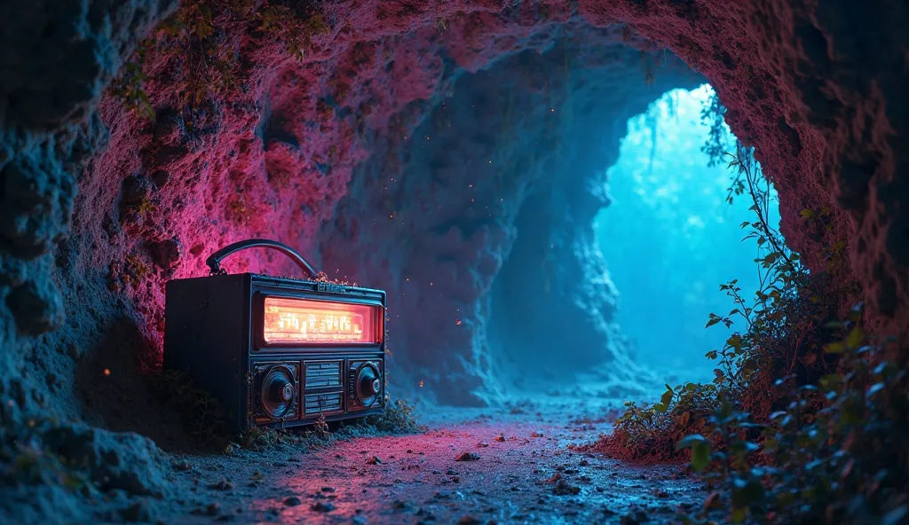 A hidden cave illuminated by soft neon lights in shades of blue and purple, casting an ethereal glow on the damp stone walls. At the entrance, an old vintage radio, covered in moss and vines, emits a faint, flickering signal, as if trying to communicate th...