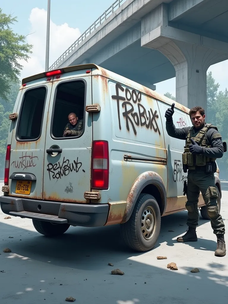 Rusted sprinter van parked under an abondoned bridge. The van has "Free Robux" painted all over it. place a counterstrike 2 operator doing a thumbs up gesture in the foreground. there is a crying  with a bowl cut hairstyle in the back of the van.