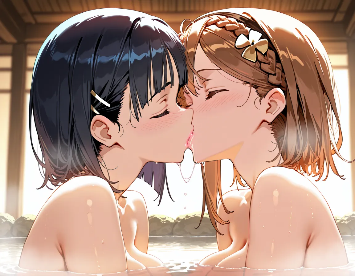 masterpiece, best quality, 4k, 8k, highres, ultra-detailed, HDR, UHD, sharp focus, extreme detail description, anime style,Source anime ,2girl,partially submerged,(suguha,sword art online),(Reisalin Stout, Atelier Ryza),  kiss, kissing ,Saliva, Saliva trai...