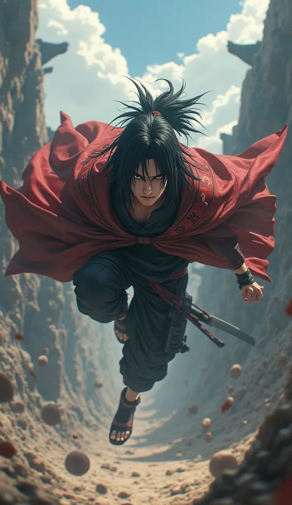 Itachi Uchiha, flying, ready to attack, looking down, in the background an arena