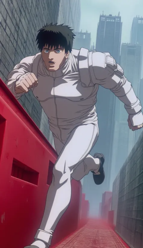 (Side view) Handsome anime hero boy, white leather jumpsuit, brown hair, blue eyes, fists, running to the right, running across a red platform on the side of a brick wall