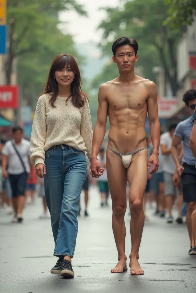 Taiwan, a couple of two people walk down the street surrounded by passers-by, the couple is a woman dressed in blue jeans, black sneakers and a cream-colored sweater, together with her husband, a young Taiwanese adult man with a red face of shame, an embar...