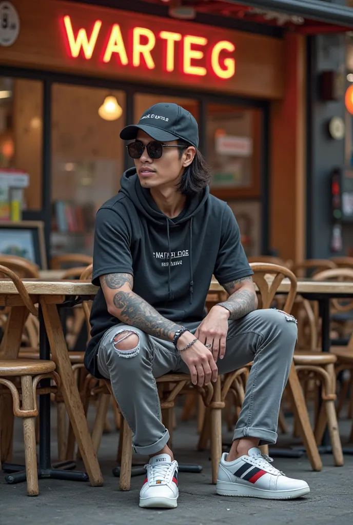 Warteg restaurant with the inscription WARTEG and A young Indonesian man 35 years old sunglasses softball hat semi long hair T-shirt hood switer hand tattooed pants slapped trousers sneaker wearing earrings sitting in front of the dining stall terrace look...