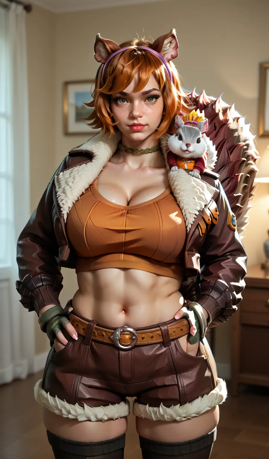 ((masterpiece)), Maximum Quality, Very Detailed, Masterpiece, Best Quality, squirrel girl, squirrel girl, squirrel ears, squirrel tail, short hair, red hair, freckles, green eyes, brown cropped jacket, fur trim, finger-less gloves, midriff, thigh-highs,, l...