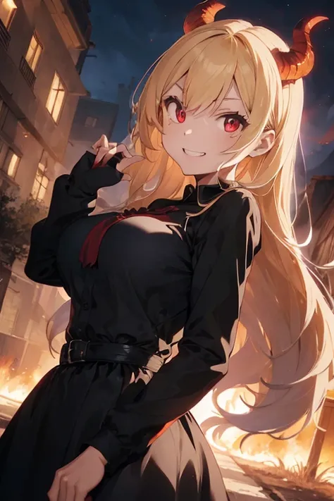 1 female, age girl, black long sleeve dress, blonde long hair, demon eyes, red eyes, rosa cheeks, fire, hell place, happy face, evil smile, huge breast, red sky, hands in the hair