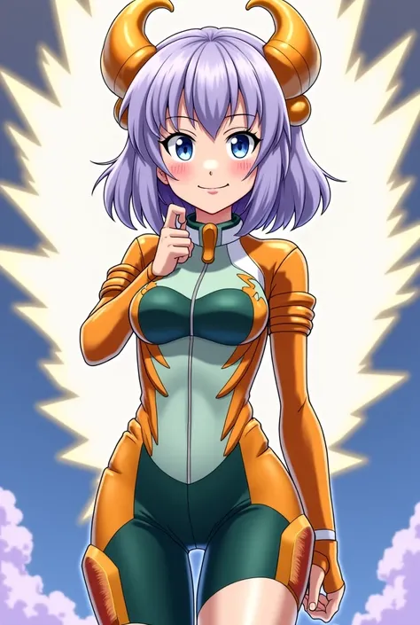  Boku style in Hero Academia, chica alta, with light blue eyes, light purple hair, suit with orange colors, strong green ,  light green and white , heels shoes with wings on the sides, They have, pockets on the thighs for storing things, orange decoration ...