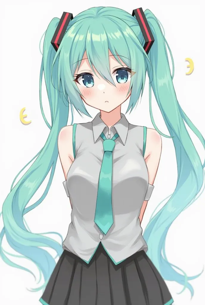 1girl, solo, necktie, hatsune_miku, blush, looking_at_viewer, shirt, detached_sleeves, skirt, aqua_hair, eyelashes, twintails, grey_shirt, bangs, breasts, aqua_eyes, closed_mouth, bare_shoulders, collared_shirt, long_hair, close-up, hair_between_eyes, slee...