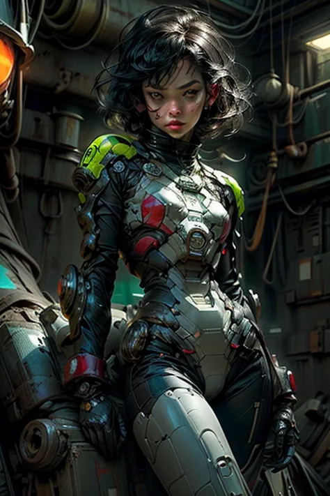 40-year-old woman, originally from Eastern Europe: Medium height, straight black hair in layers, deep gray eyes, light complexion and mole under the right eye. Personality: Somber, seductive and authoritarian. Depict a futuristic servo-armor in mecha style...