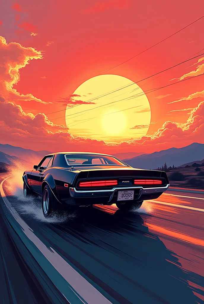 A car driving in the manga style of sunset