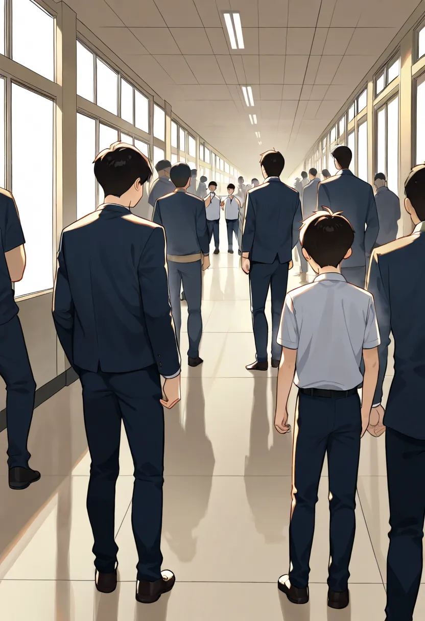 (cute males and females: 1.1), simple background, (macro size: 1.2), in school hallway, (height difference: 1.3), (size difference: 1.1), person on the ground, (multiple people: 1.0), (a group of boys looking down at people on the ground)