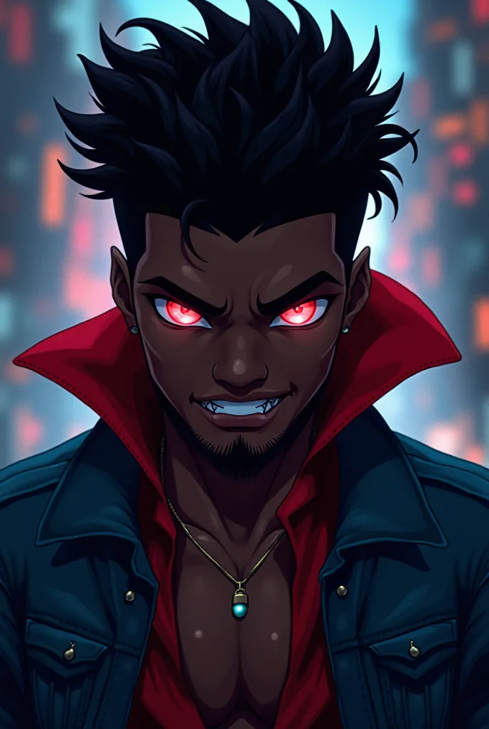 anime style, African American man, Vampire with wild eyes, Cabello a la Cabello de Cabello, denim jacket. 